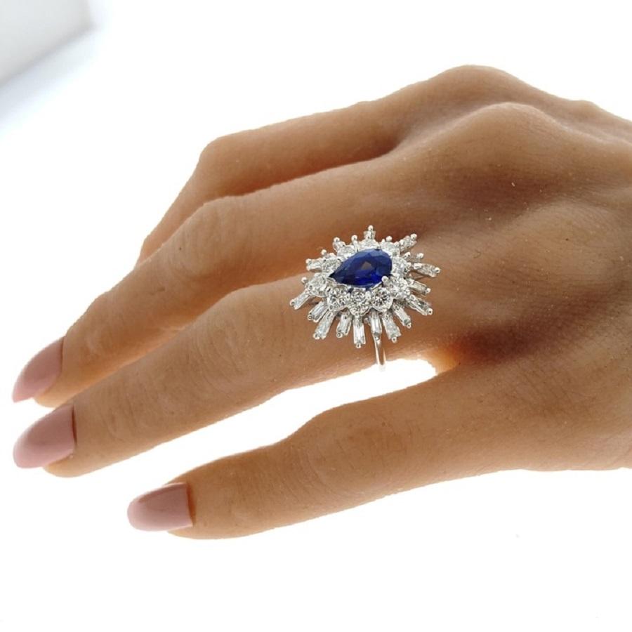 Contemporary 2.00 Carat Blue Pear Sapphire & Diamond RIng In Platinum For Sale