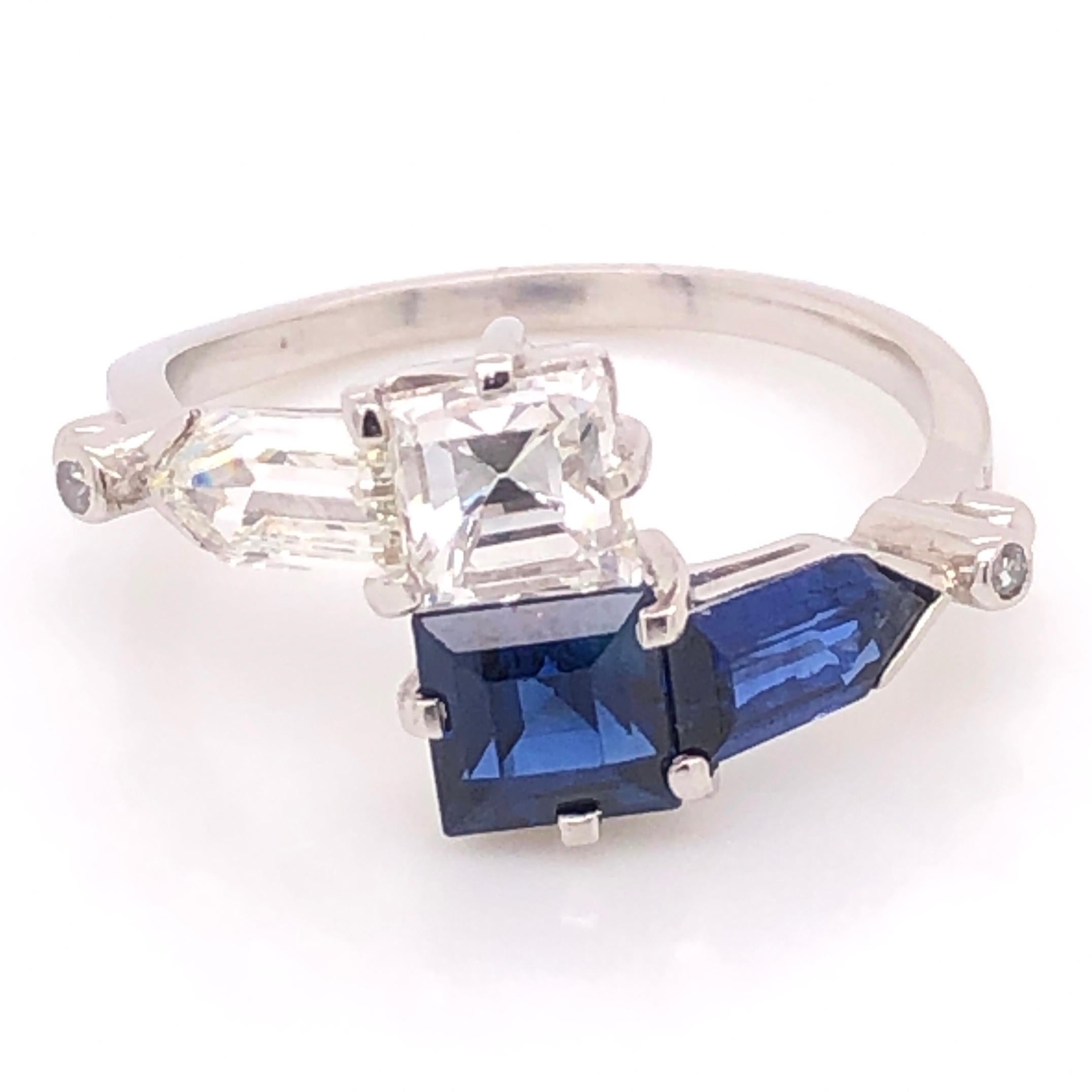 Modernist 2.00 Carat Blue Sapphire and Diamond Bypass Platinum Ring Fine Estate Jewelry