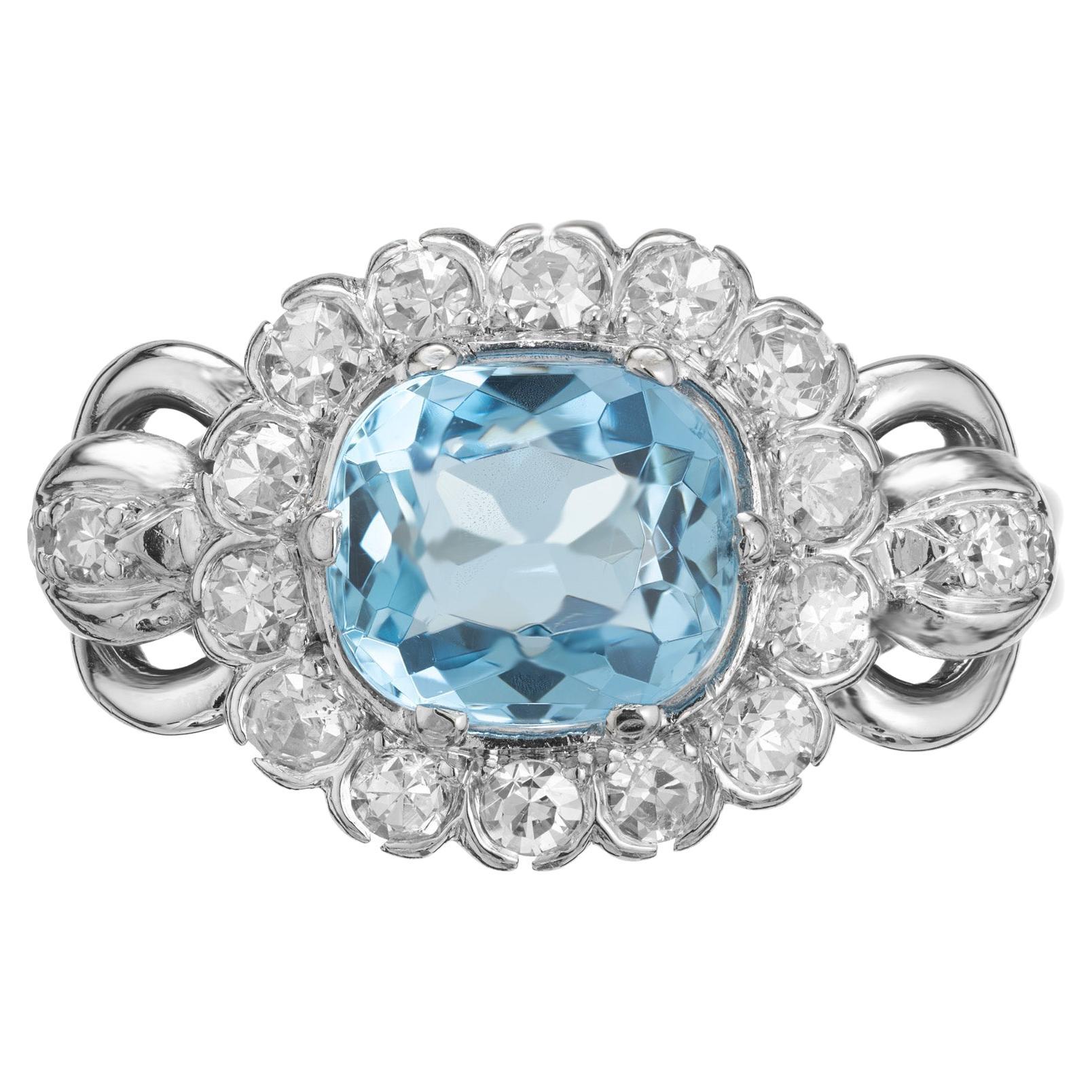 2.00 Carat Blue Zircon Diamond Halo White Gold Engagement Ring For Sale