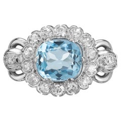 Antique 2.00 Carat Blue Zircon Diamond Halo White Gold Engagement Ring
