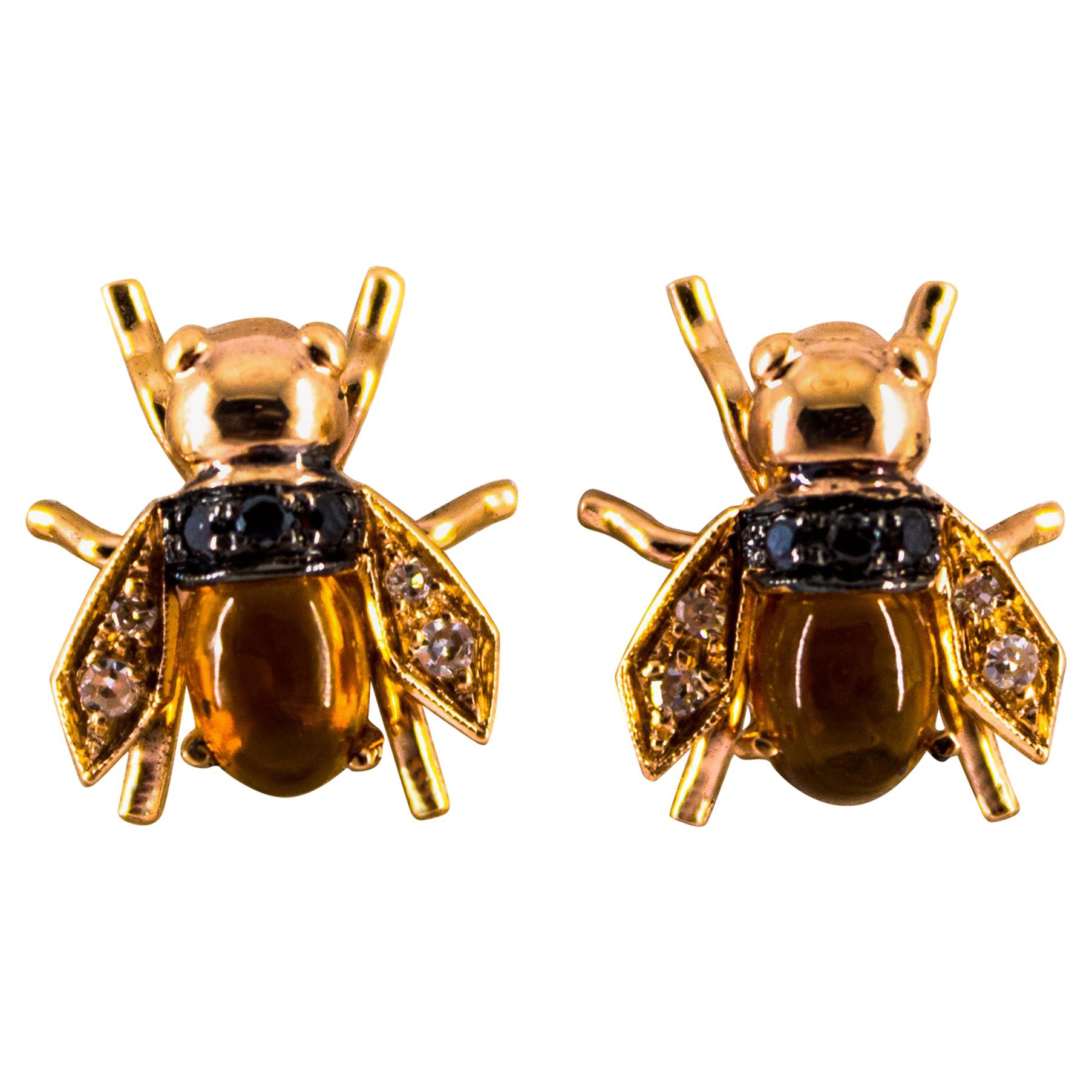 2.00 Carat Citrine 0.24 Carat Diamond Yellow Gold Stud Dangle "Bees" Earrings