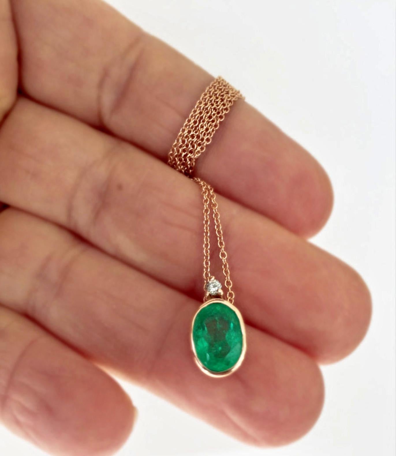 Composition: Solid Rose Gold 18K 
Primary Stones: Natural Colombian Emerald
Shape or Cut : Oval Cut
Emerald Average Color/Clarity : Medium Green Color 100% Natural/ Clarity VS
Total Emerald Weight :  Approx 2.00 carats
Other Stone: Diamond