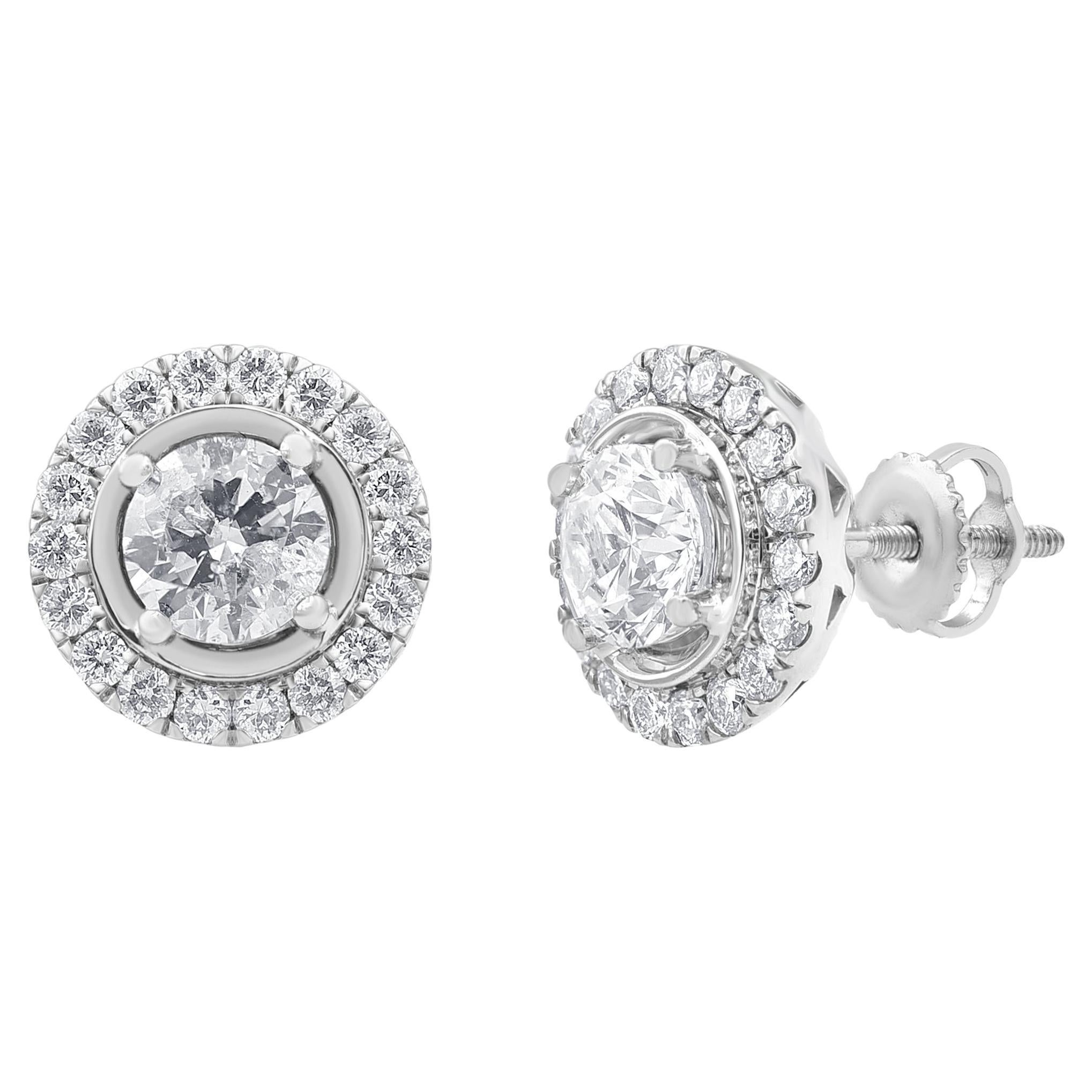 2.00 Carat Diamond, 14K White Gold Prong Set Composite Stud Earrings For Sale