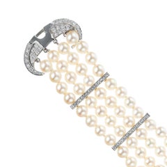 2.00 Carat Diamond Akoya Pearl White Gold Midcentury Multi-Strand Bracelet