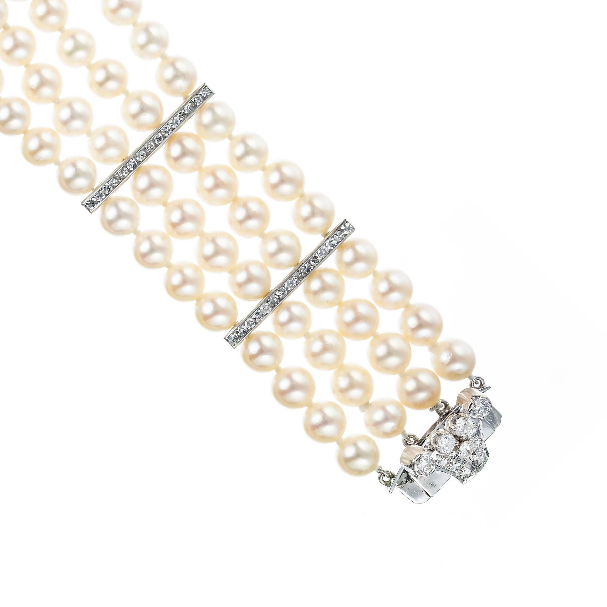 Round Cut 2.00 Carat Diamond Akoya Pearl White Gold Midcentury Multi-Strand Bracelet For Sale