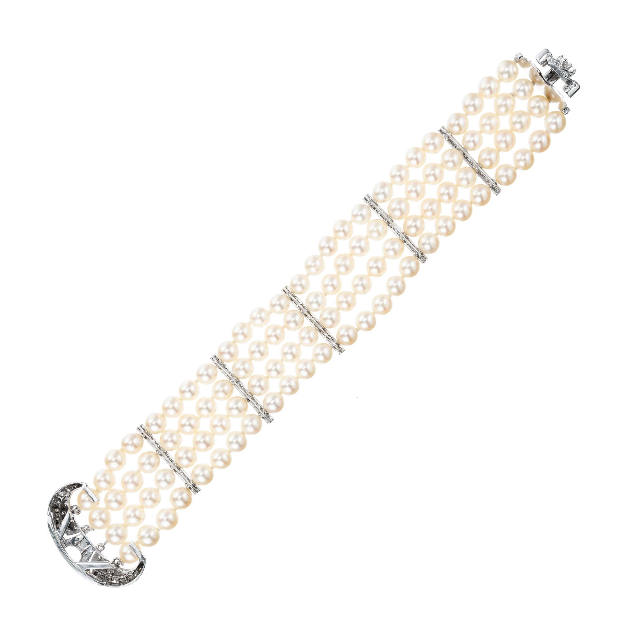 2.00 Carat Diamond Akoya Pearl White Gold Midcentury Multi-Strand Bracelet In Good Condition For Sale In Stamford, CT
