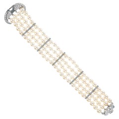Vintage 2.00 Carat Diamond Akoya Pearl White Gold Midcentury Multi-Strand Bracelet