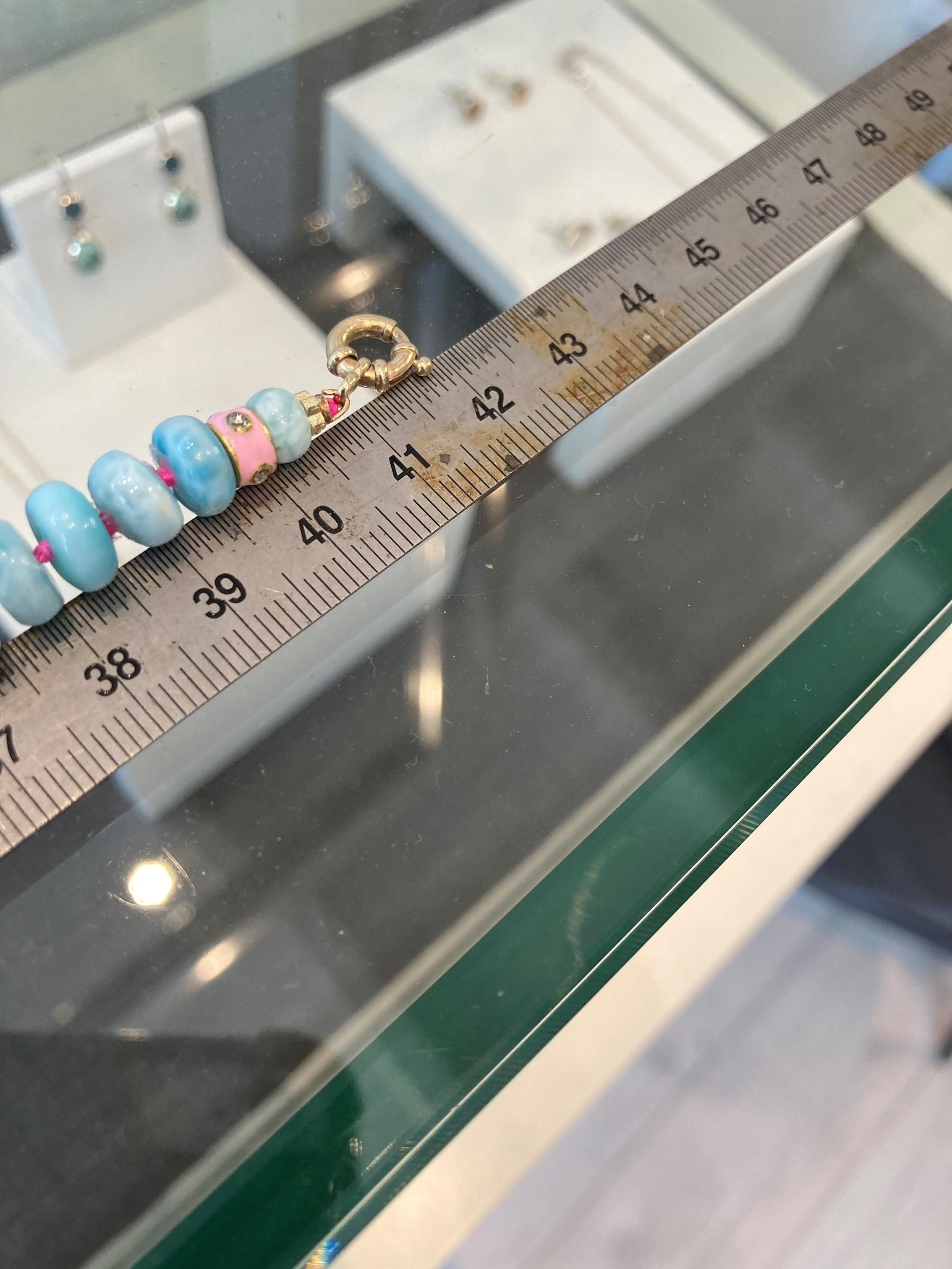 Women's Diamond with Larimar Beaded Pink Opal Necklace in 14K Yellow Gold