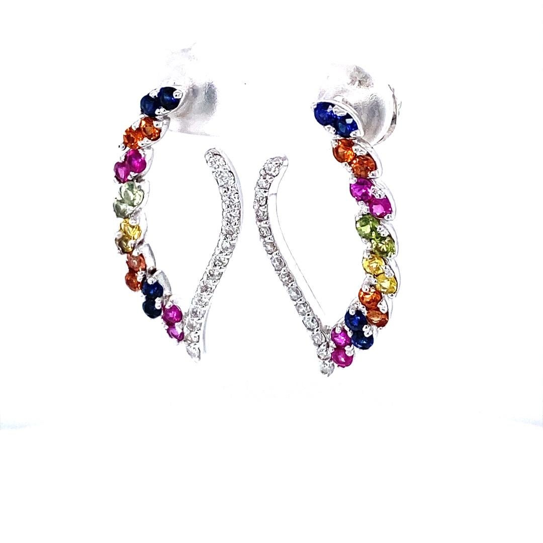Contemporary 2.00 Carat Diamond and Multi Color Sapphire White Gold Earrings For Sale