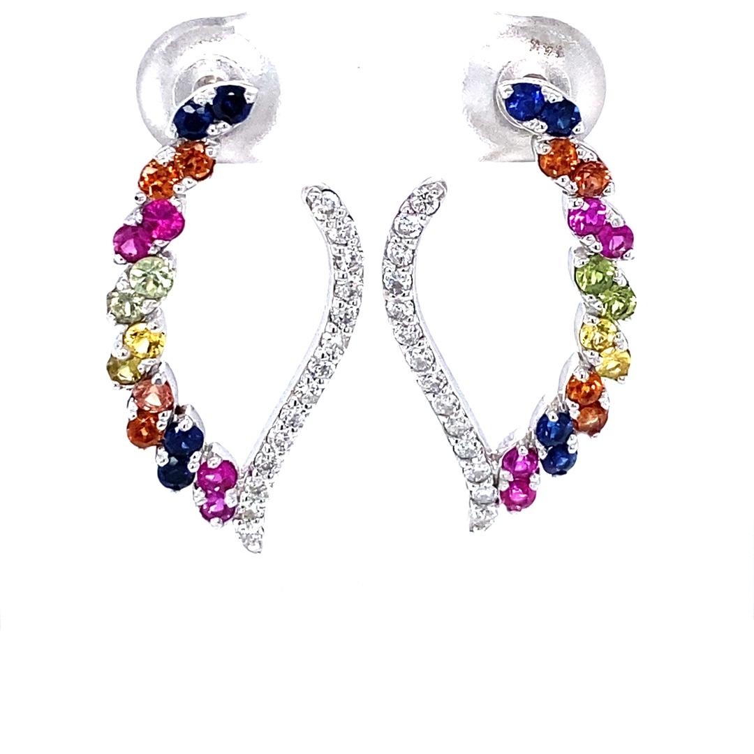 Round Cut 2.00 Carat Diamond and Multi Color Sapphire White Gold Earrings For Sale