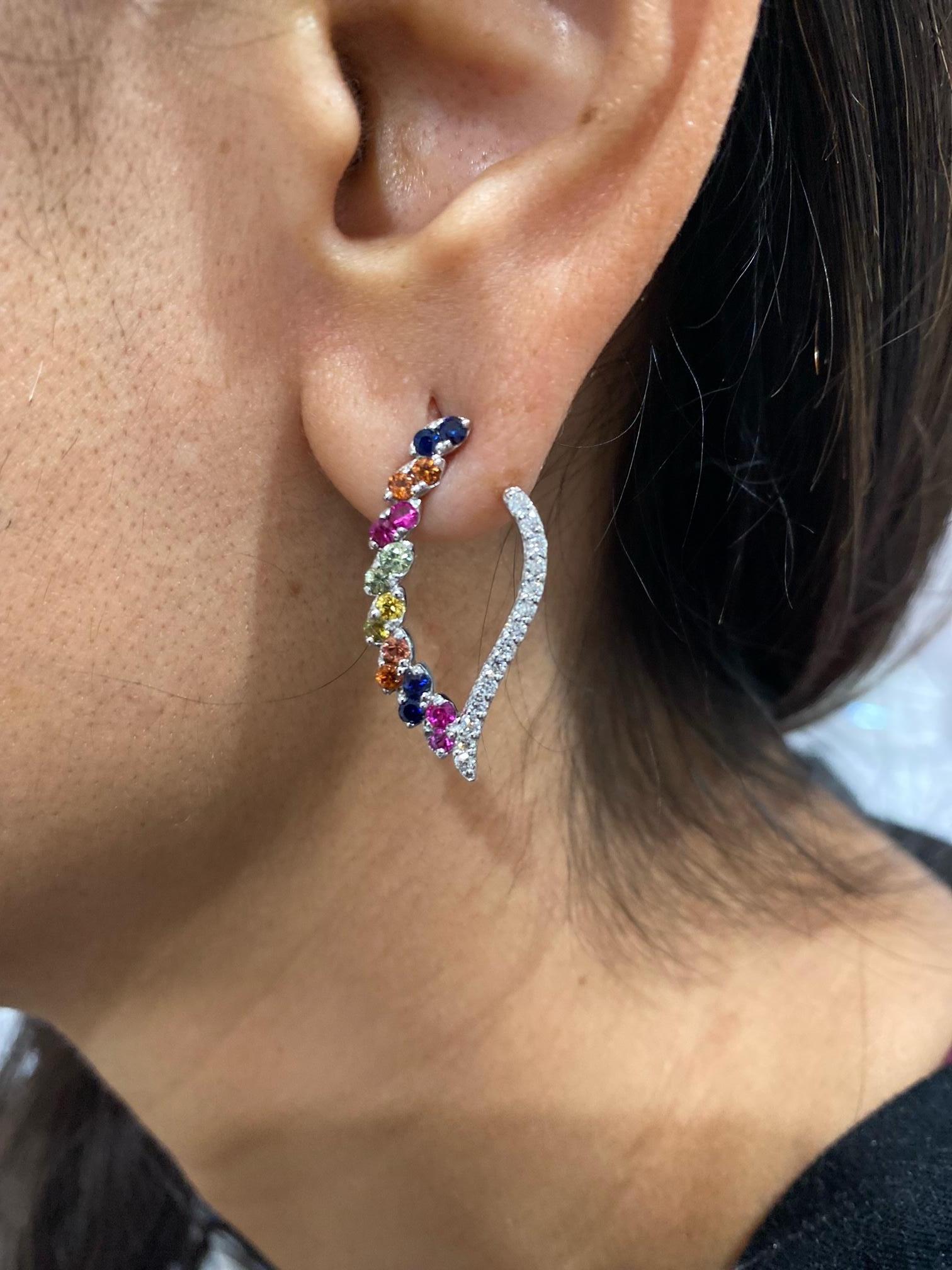 Women's 2.00 Carat Diamond and Multi Color Sapphire White Gold Earrings For Sale