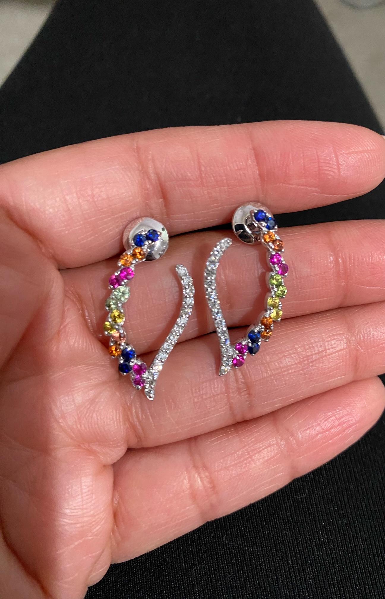 2.00 Carat Diamond and Multi Color Sapphire White Gold Earrings For Sale 2
