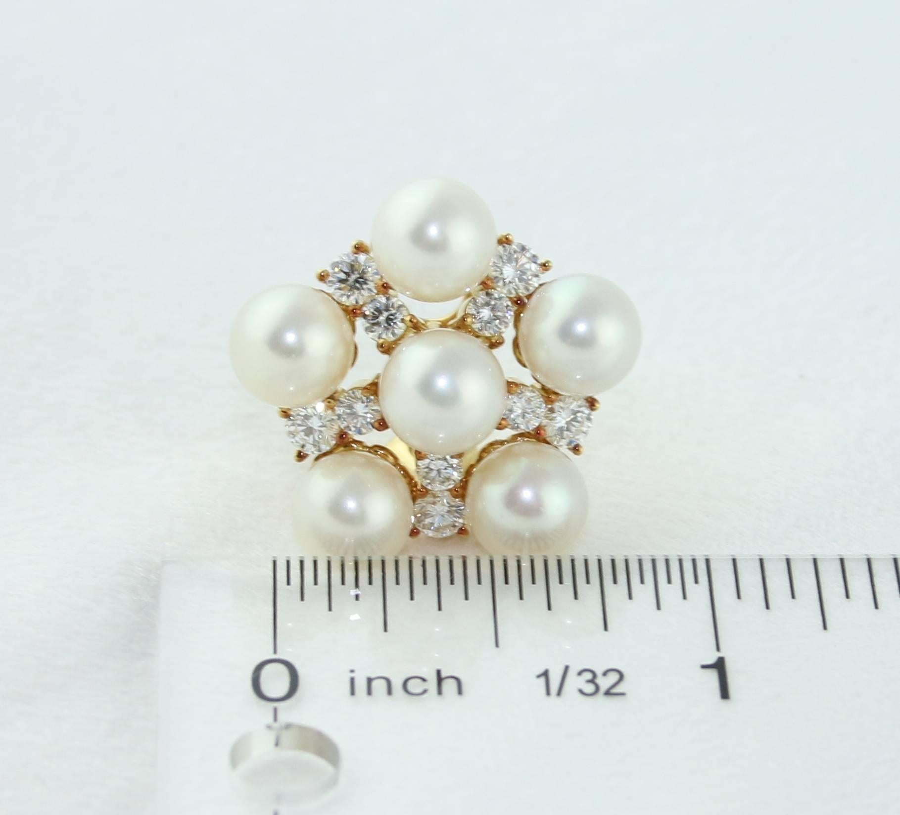 2.00 Carat Diamond and Pearl Cluster Clip-On Gold Earrings In Excellent Condition For Sale In New York, NY