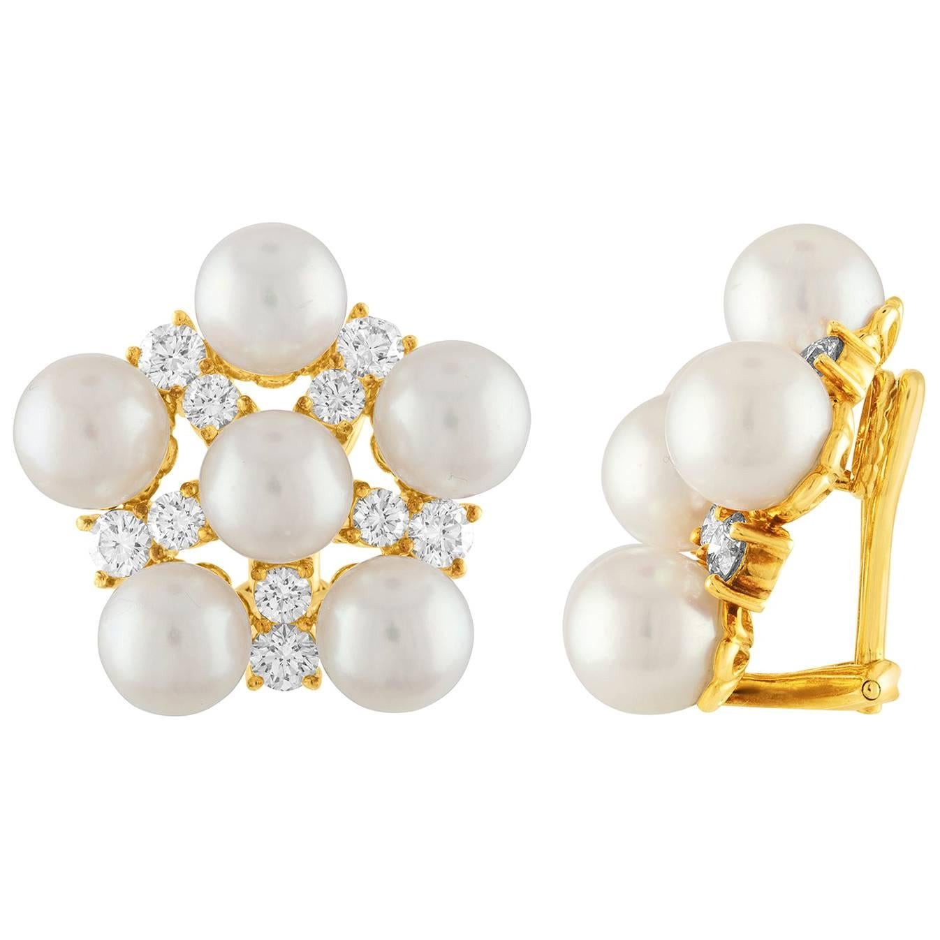 2.00 Carat Diamond and Pearl Cluster Clip-On Gold Earrings For Sale
