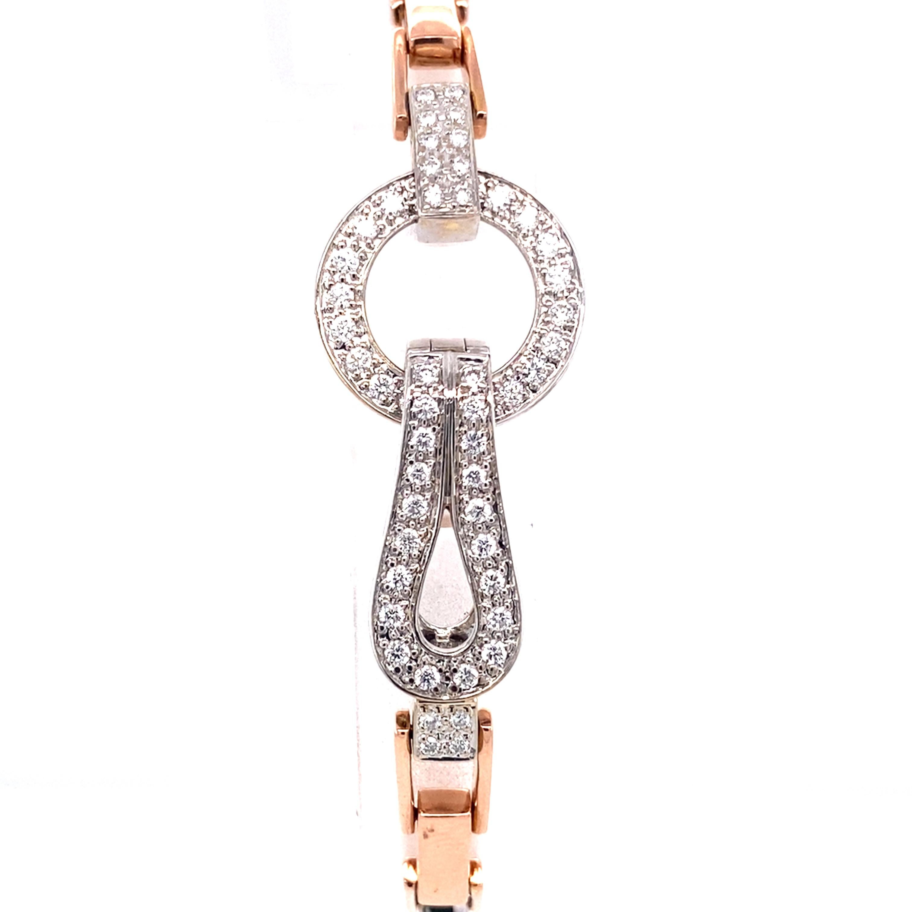 Item Details: 
Bracelet Length: 7 inches
Metal Type: 18 karat rose and white gold
Weight: 16.9 grams
Year: 1980s

Diamond Details:
Cut: Round
Carat: 2.00 Carats total weight
Color: G-H
Clarity: VS

Item Features:
This bracelet features 2.00 carat