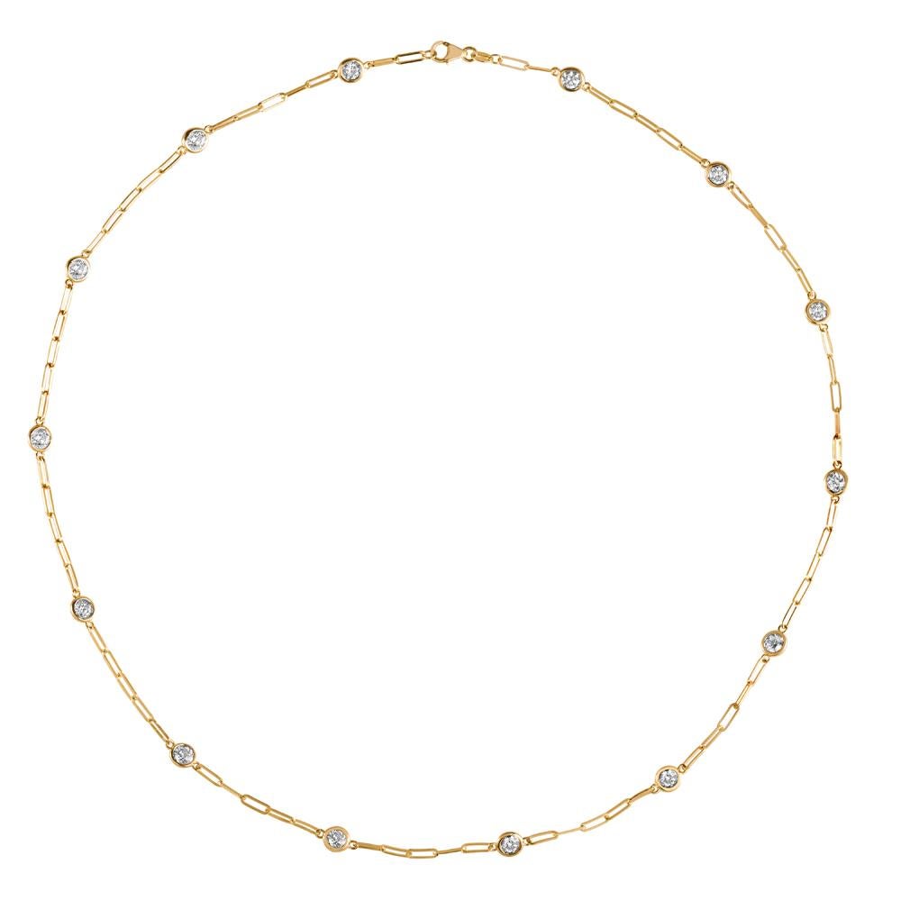 2.00 Carat Diamond by the Yard Paper Clip Necklace G SI 14K Yellow Gold
14 stones 18 inches

100% Natural Diamonds, Not Enhanced in any way
2.00CT
G-H 
SI  
14K Yellow Gold, Bezel style, 3.2 gram
18 inches in length, 3/16