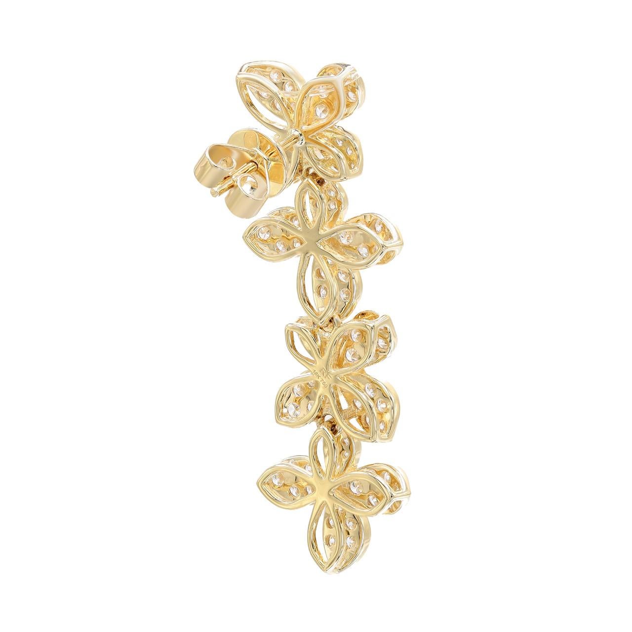 Round Cut 2.00 Carat Diamond Flower Drop Earrings in 18K Yellow Gold For Sale