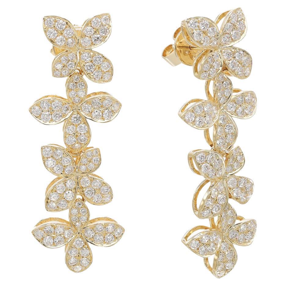 2.00 Carat Diamond Flower Drop Earrings in 18K Yellow Gold For Sale