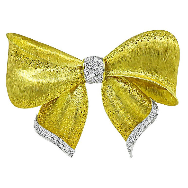 2.00 Carat Diamond Gold Bow Pin
