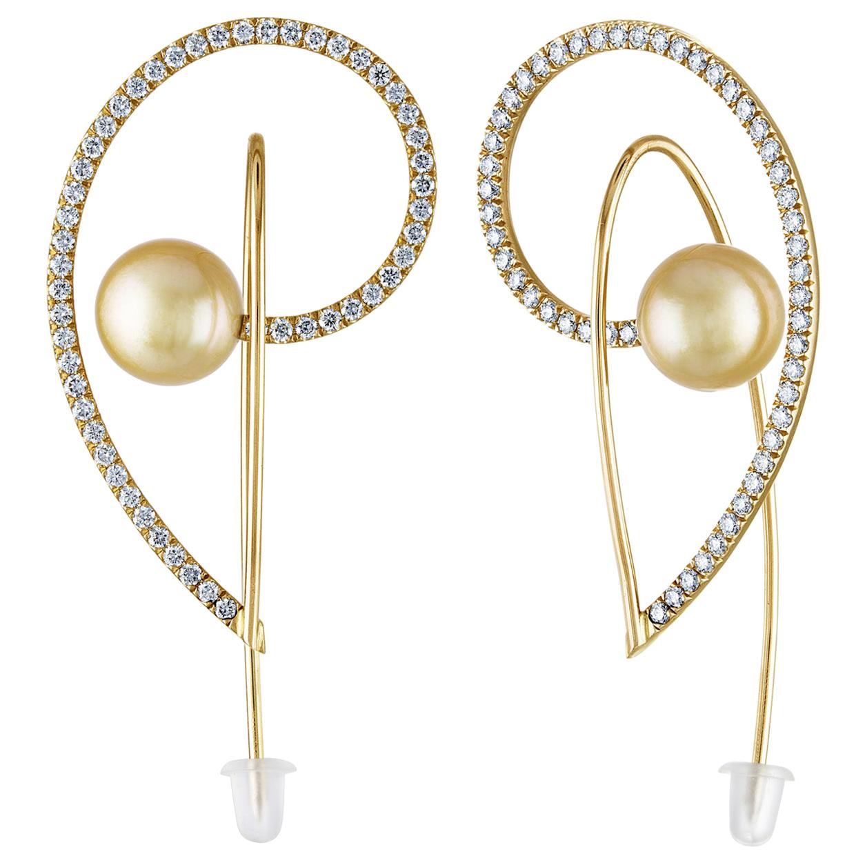 2.00 Carat Diamond Light Golden Yellow South Sea Pearls and Gold Earrings