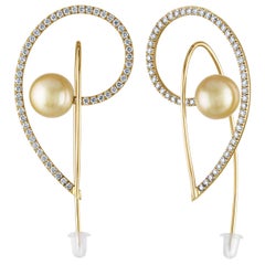 2.00 Carat Diamond Light Golden Yellow South Sea Pearls and Gold Earrings