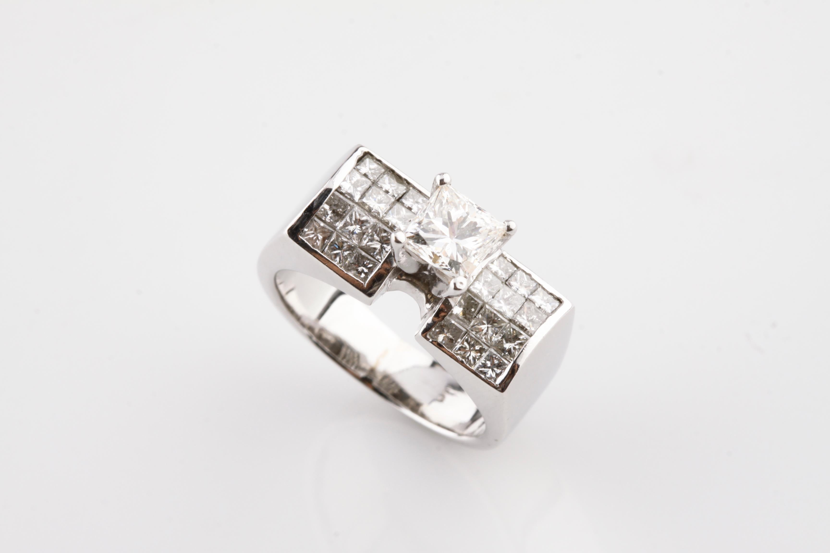 One electronically tested 18KT white gold ladies cast diamond ring with a bright finish
Condition is new, good workmanship.
The ring Features a diamond solitaire, supported by diamonds set shoulders, completed by a four and one-half millimeter wide