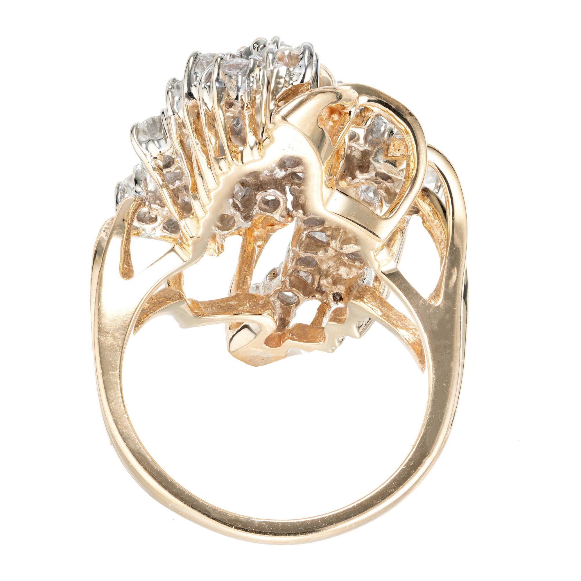 2.00 Carat Diamond Yellow Gold Swirl Cocktail Cluster Ring In Excellent Condition In Stamford, CT