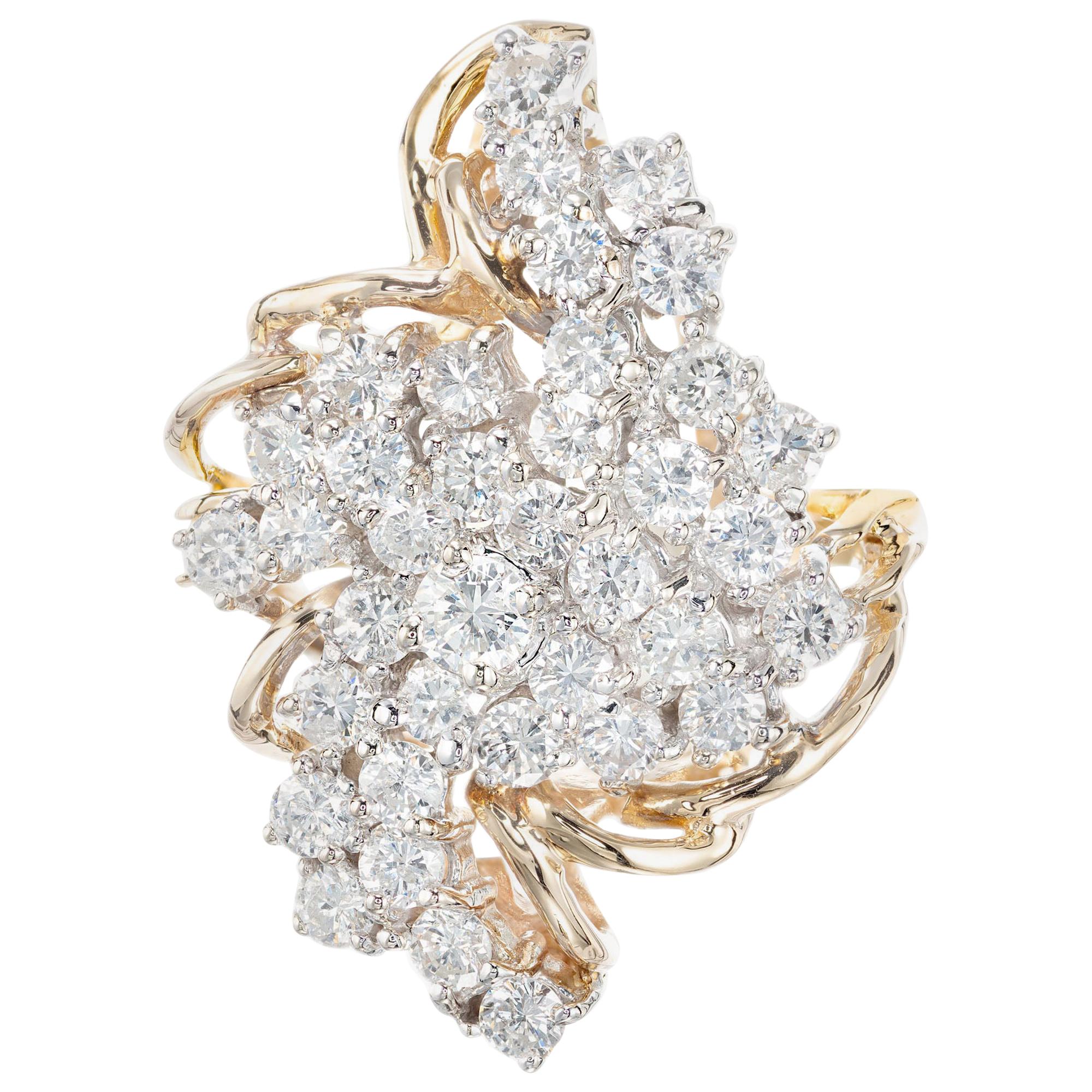 2.00 Carat Diamond Yellow Gold Swirl Cocktail Cluster Ring