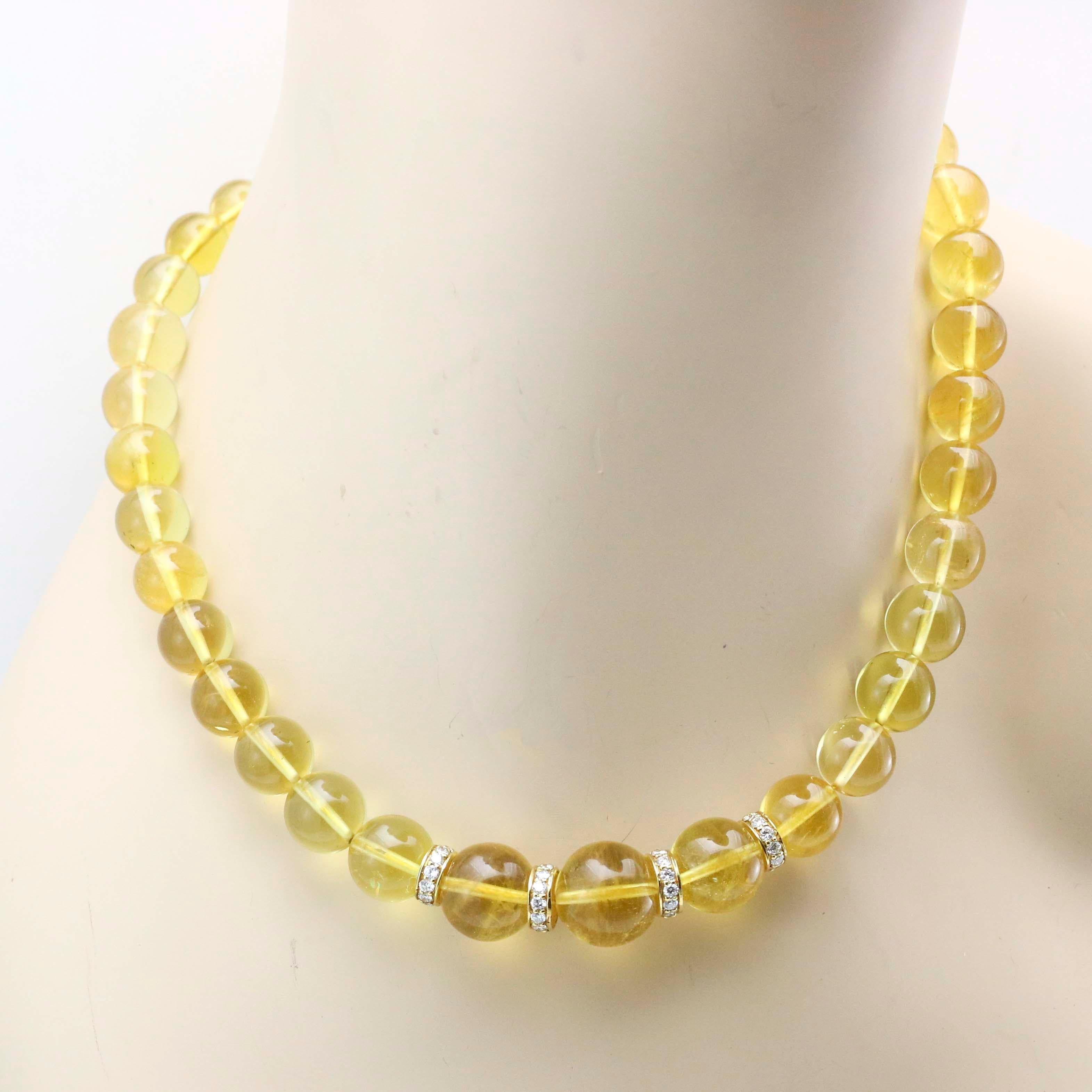 2.00 Carat Diamonds 18 Karat Yellow Gold Graduated Beryl Bead Necklace For Sale 3