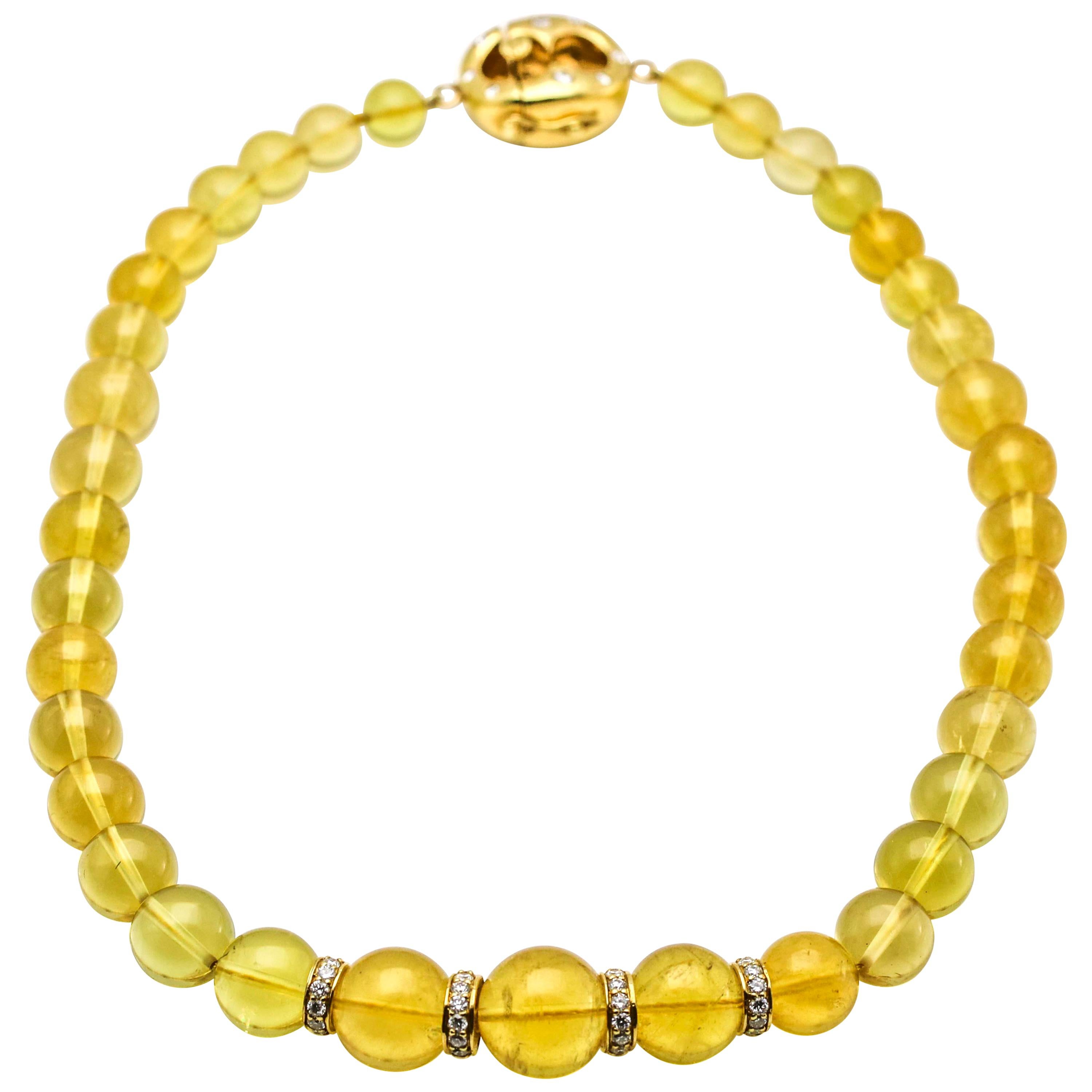 2.00 Carat Diamonds 18 Karat Yellow Gold Graduated Beryl Bead Necklace For Sale