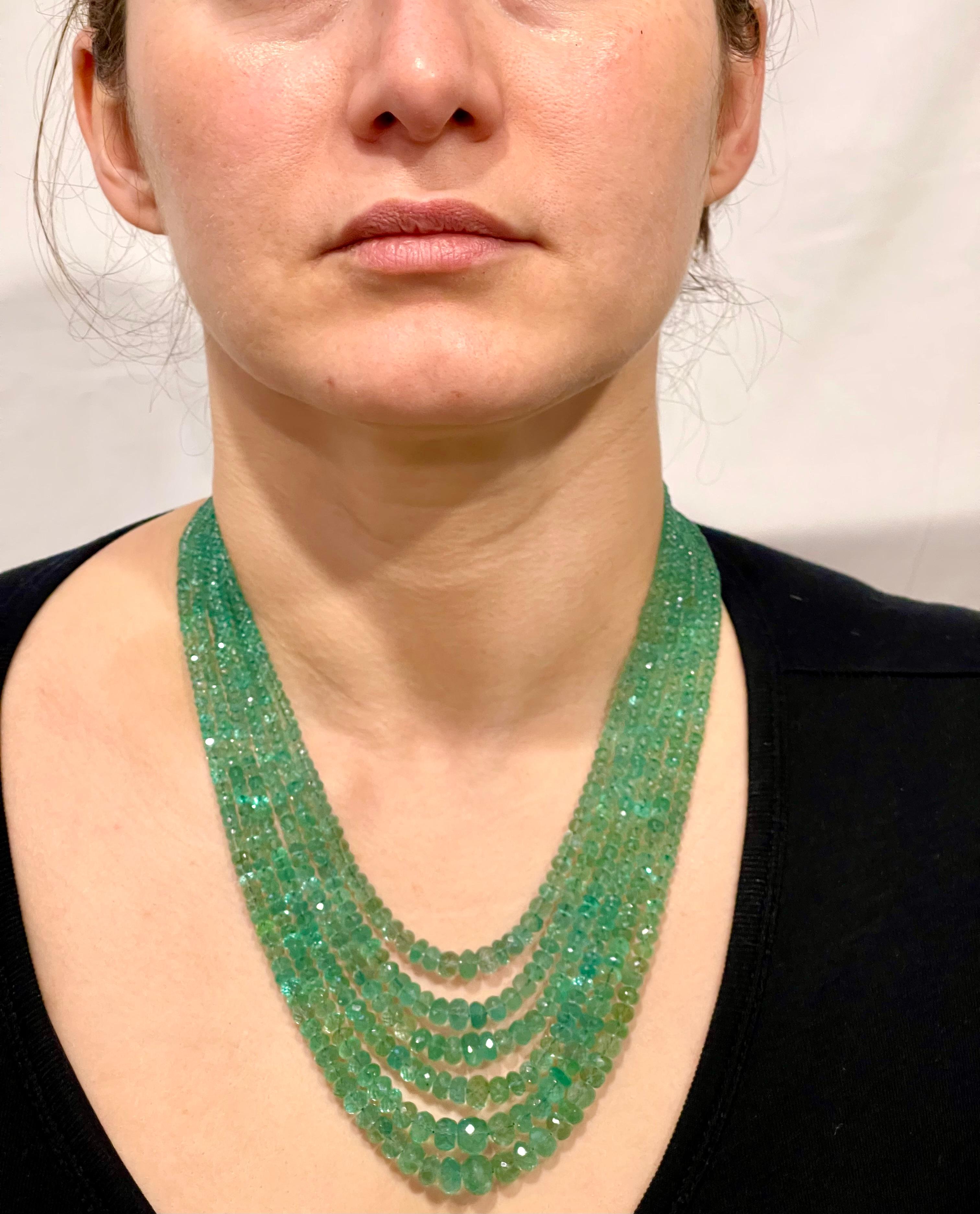 Women's 200 Carat Emerald Beads 7 Line Necklace with Diamond Clasp 18 Karat Yellow Gold
