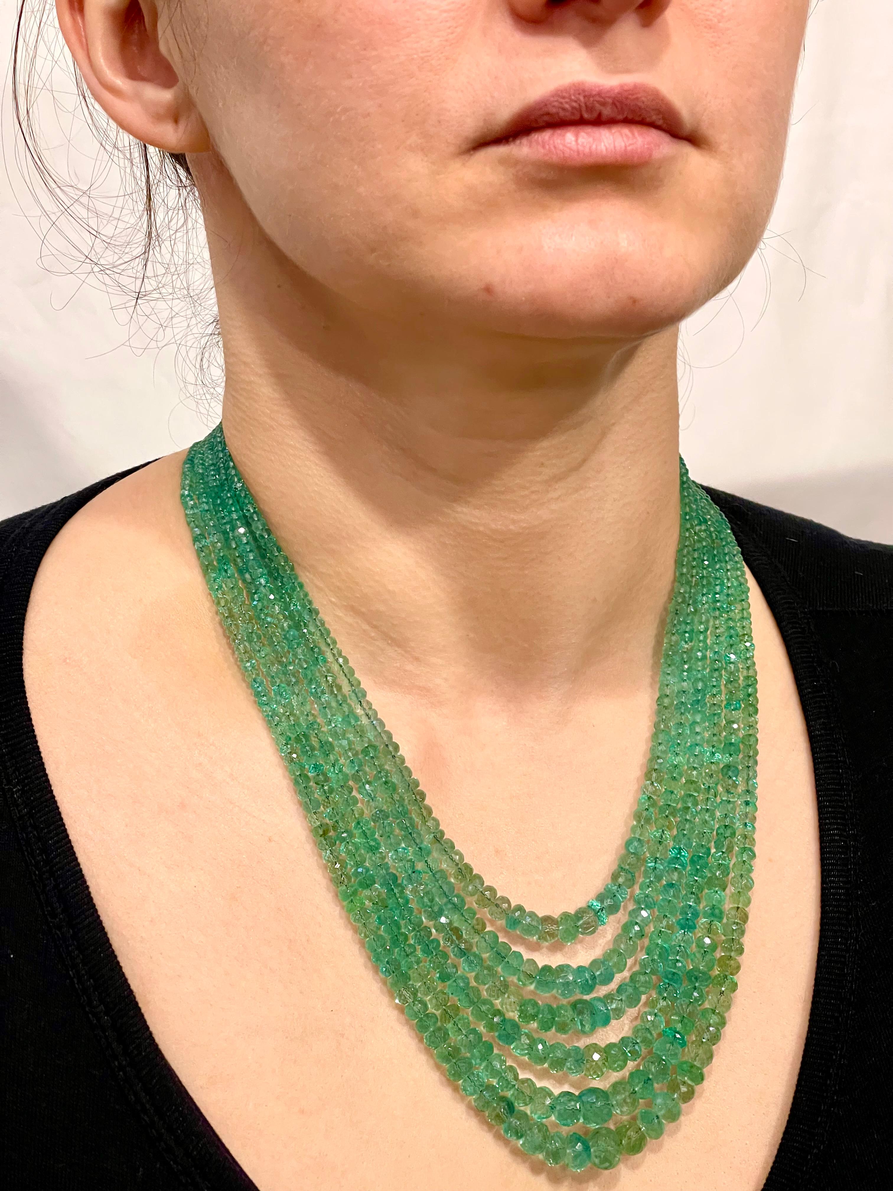 200 Carat Emerald Beads 7 Line Necklace with Diamond Clasp 18 Karat Yellow Gold 1