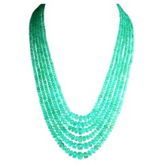 200 Carat Emerald Beads 7 Line Necklace with Diamond Clasp 18 Karat Yellow Gold