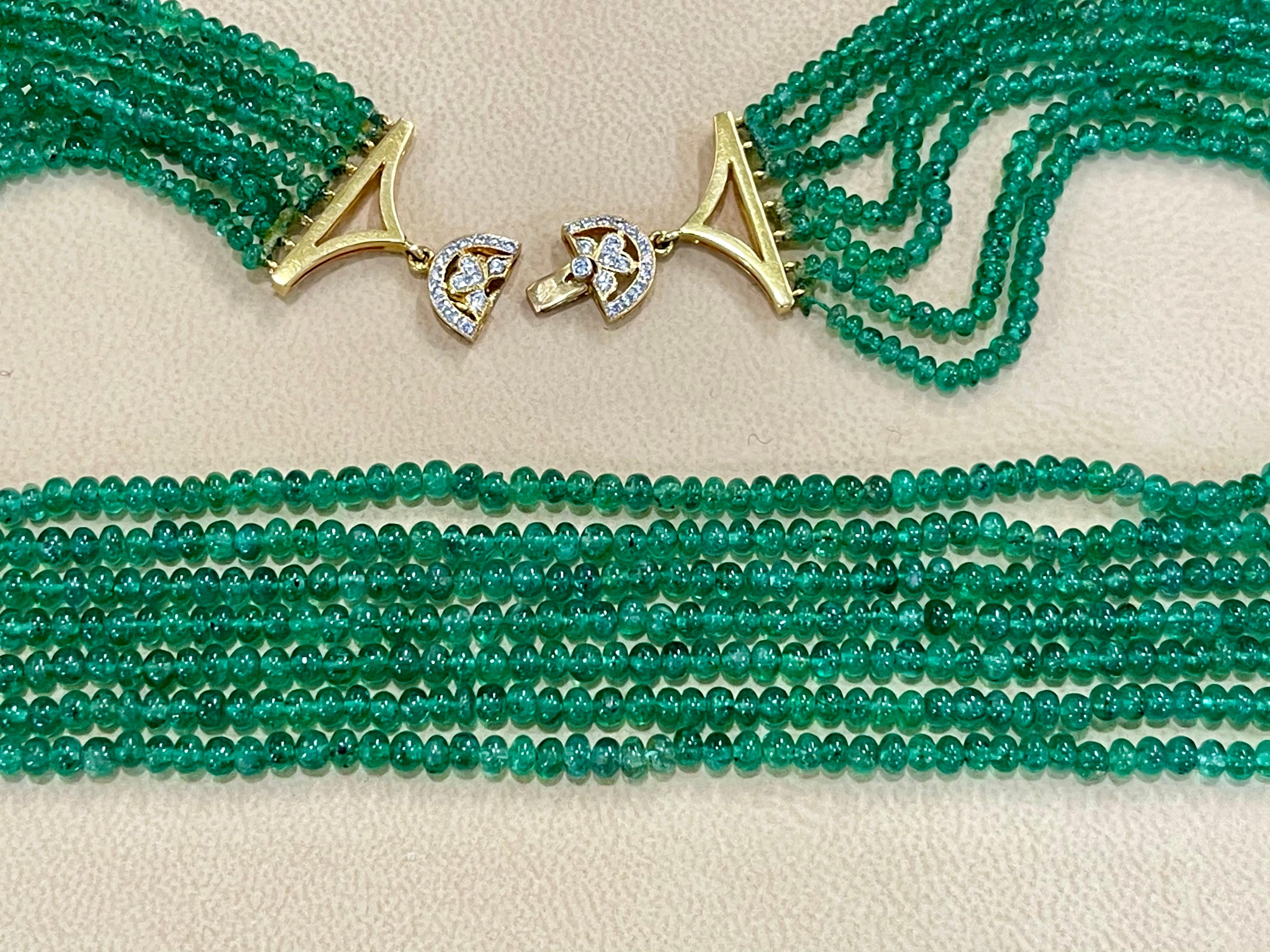 200 Karat Smaragdperlen 7 Linie Halskette mit Diamantverschluss 18 Karat Gelbgold im Angebot 10