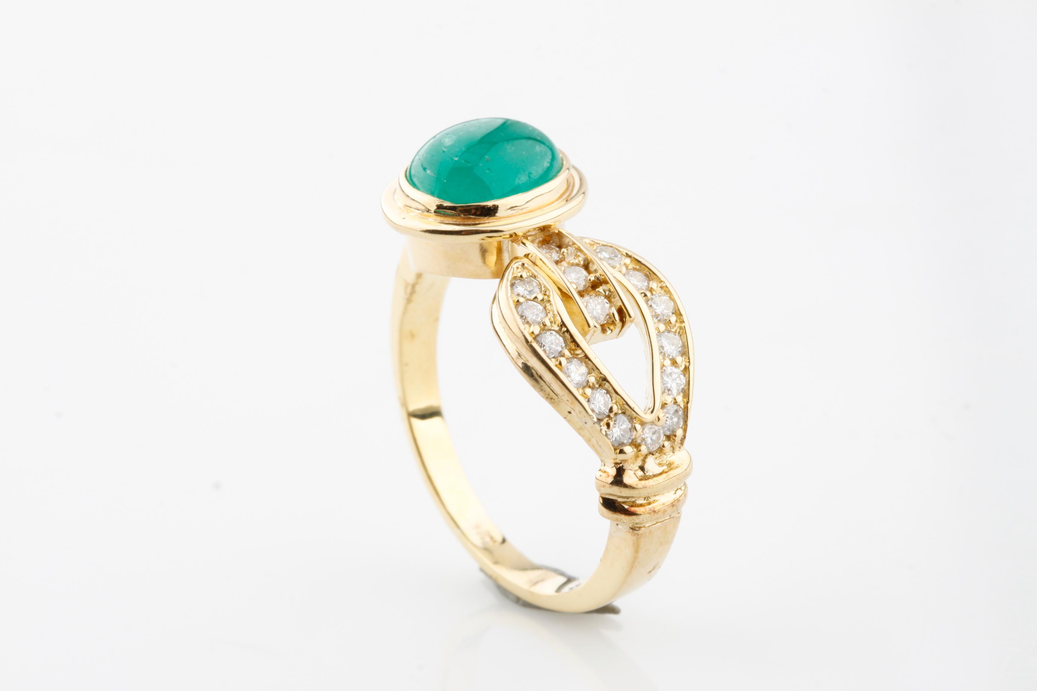 Modern 2.00 Carat Emerald Cabochon Ring Diamond Accents in Yellow Gold For Sale