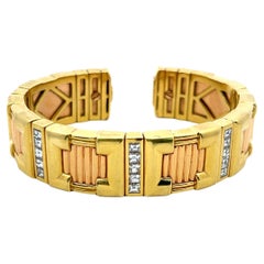 Vintage 2.00 Carat Emerald Cut Diamond 18 Karat Two Tone Gold Cuff Bracelet