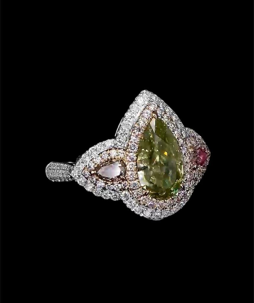 Pear Cut 2.00 Carat Fancy Brownish Greenish Yellow Diamond Ring SI2 Clarity GIA Certified For Sale