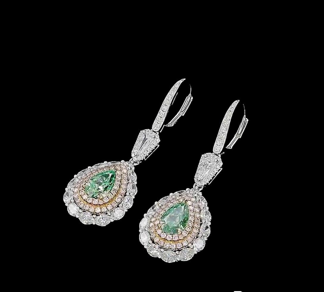 Pear Cut 2.00 Carat Fancy Green Diamond Earrings VS/SI AGL Certified For Sale