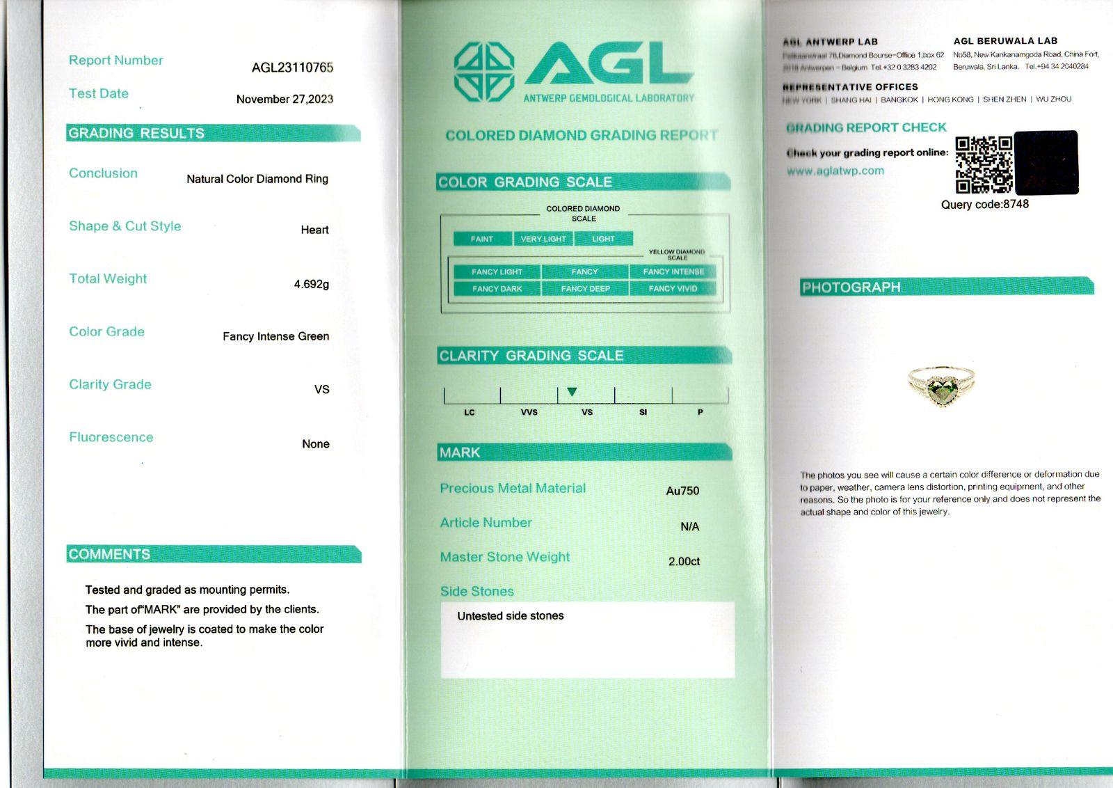 2.00 Carat Fancy Intense Green Diamond Ring VS Clarity AGL Certified For Sale 3