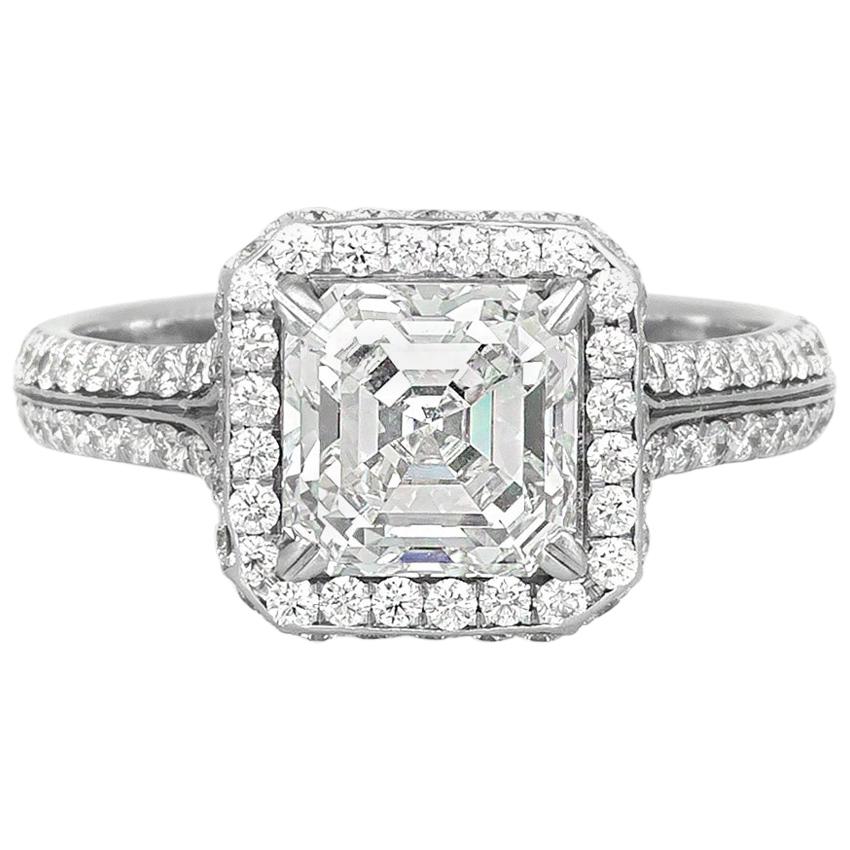 2.00 Carat GIA Square Emerald Cut Diamond Engagement Ring with Halo For Sale