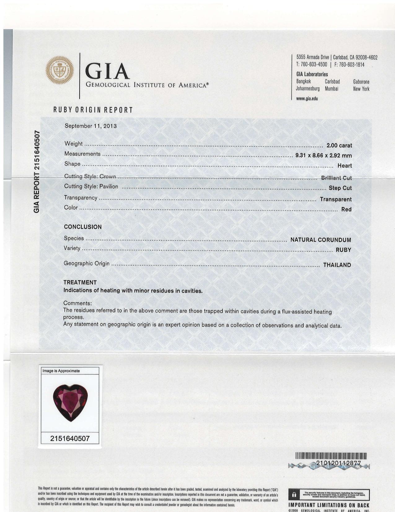 2,00 Karat herzförmiger Rubin, ungefasster loser Edelstein, GIA zertifiziert (Kunsthandwerker*in) im Angebot