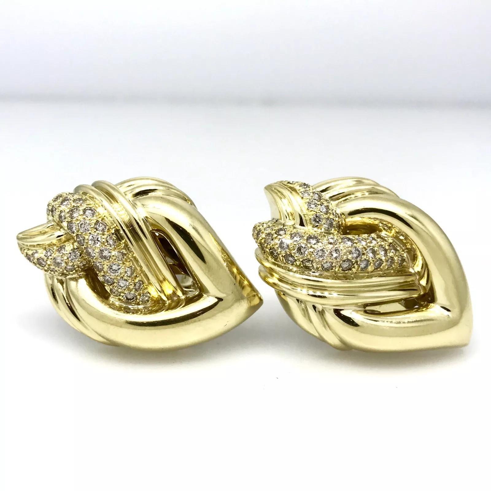 Round Cut 2.00 carat Large Pave Diamond Knot Earrings in 18K Yellow Gold For Sale