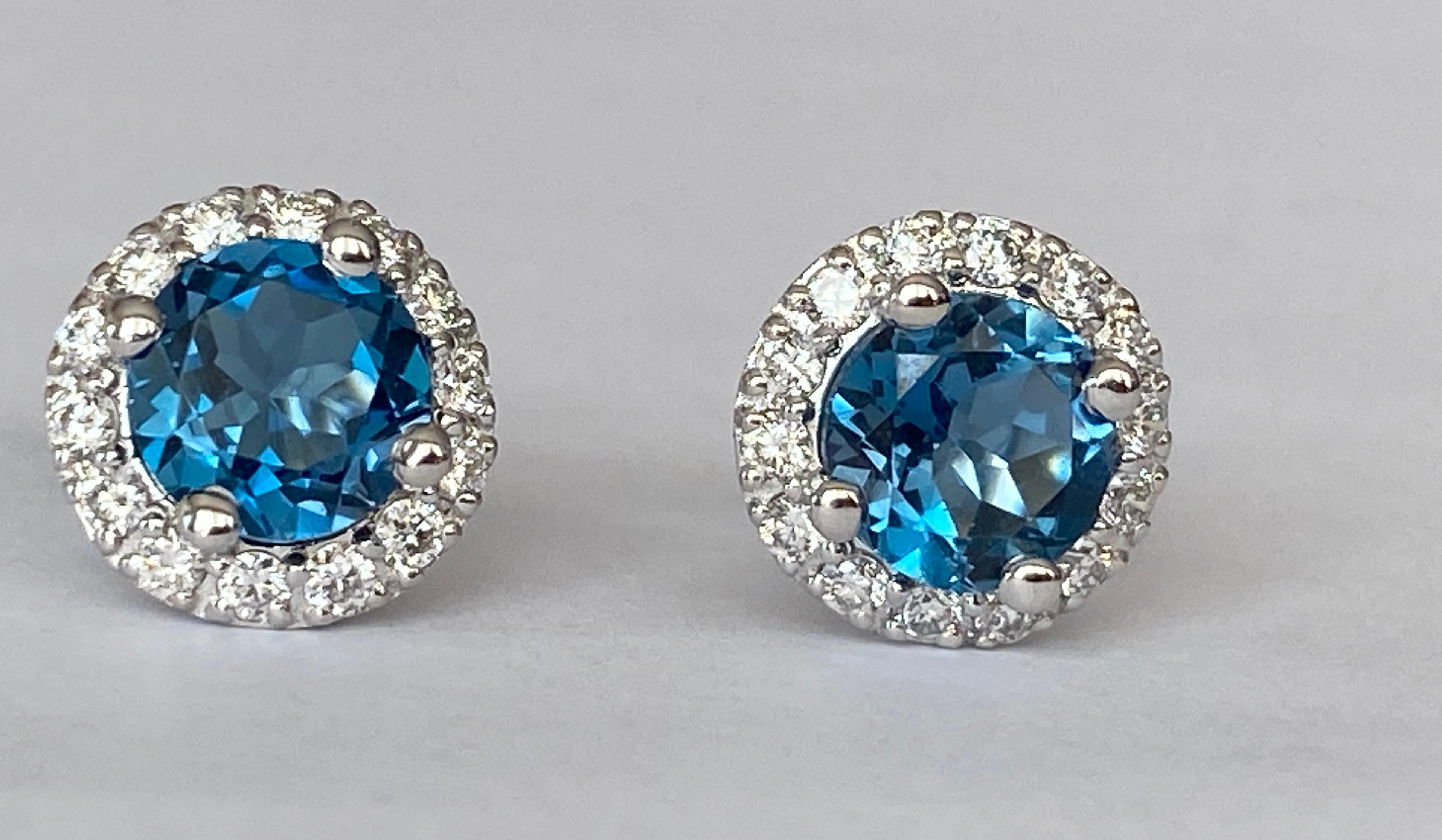 Contemporary 2.00 Carat London Blue Topaz Diamond White Gold Halo stud  Earring For Sale