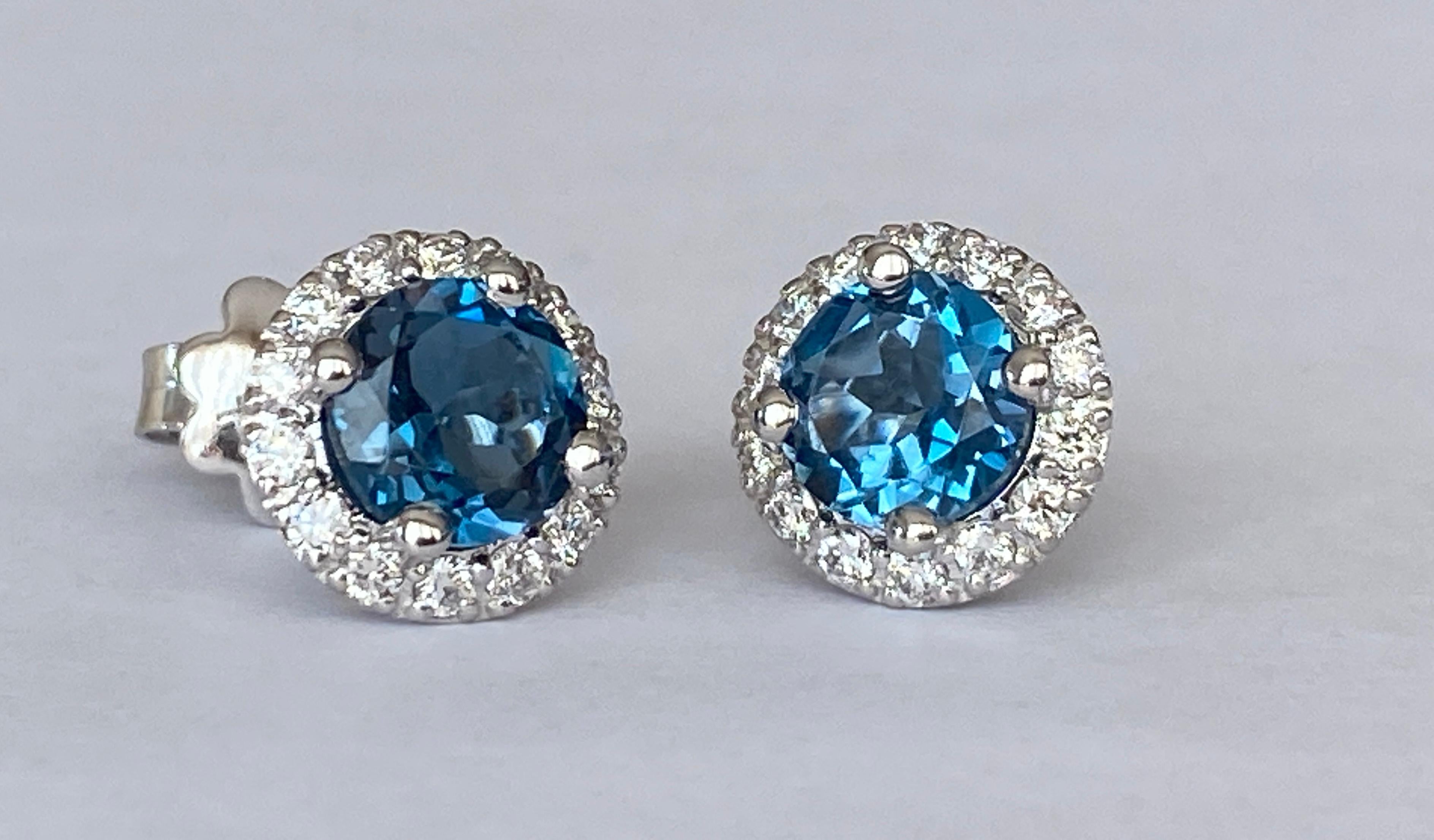 Women's 2.00 Carat London Blue Topaz Diamond White Gold Halo stud  Earring For Sale
