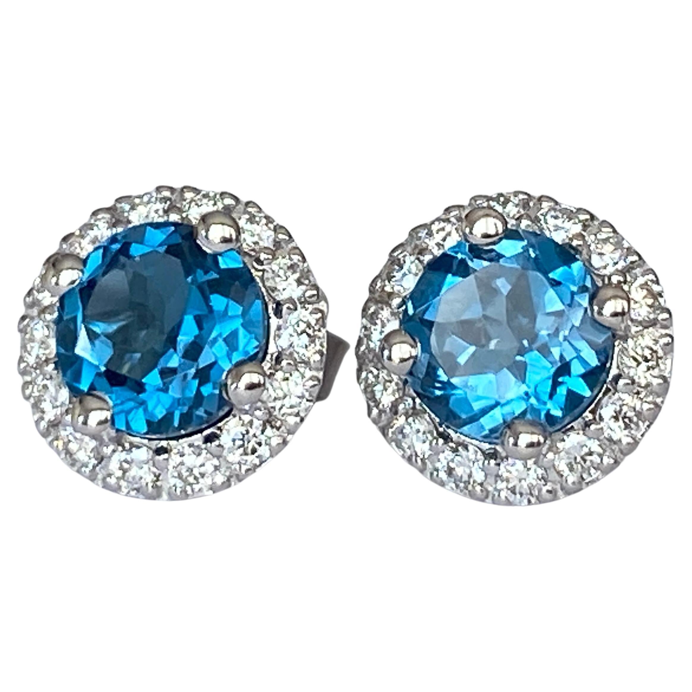 2.00 Carat London Blue Topaz Diamond White Gold Halo stud  Earring For Sale