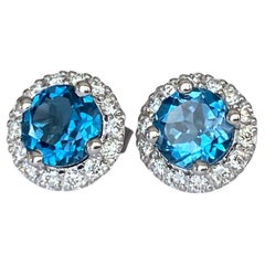 2.00 Carat London Blue Topaz Diamond White Gold Earrings