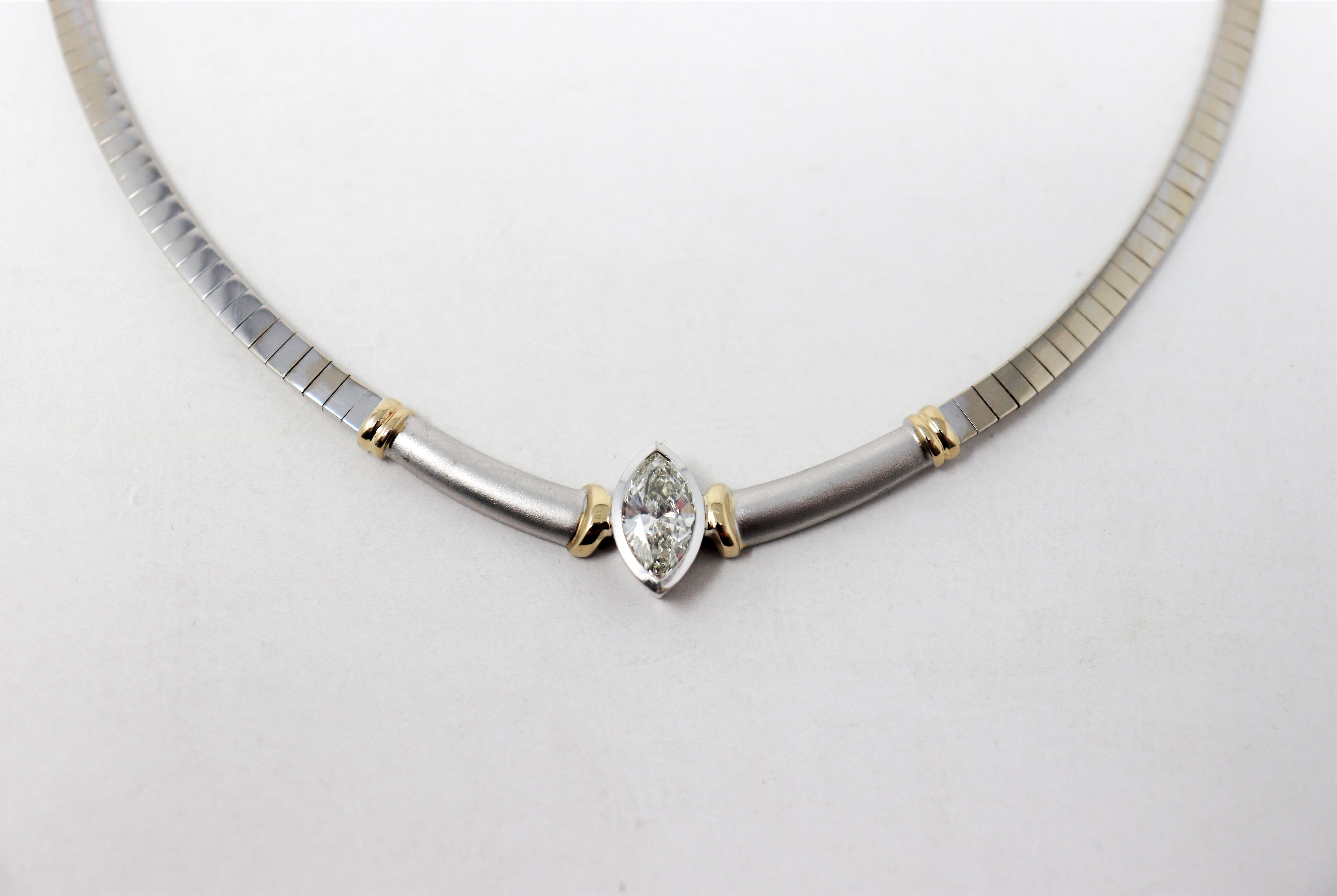Contemporary 2.00 Carat Marquis Diamond Collar Omega Link Necklace Two-Tone 14 Karat Gold For Sale