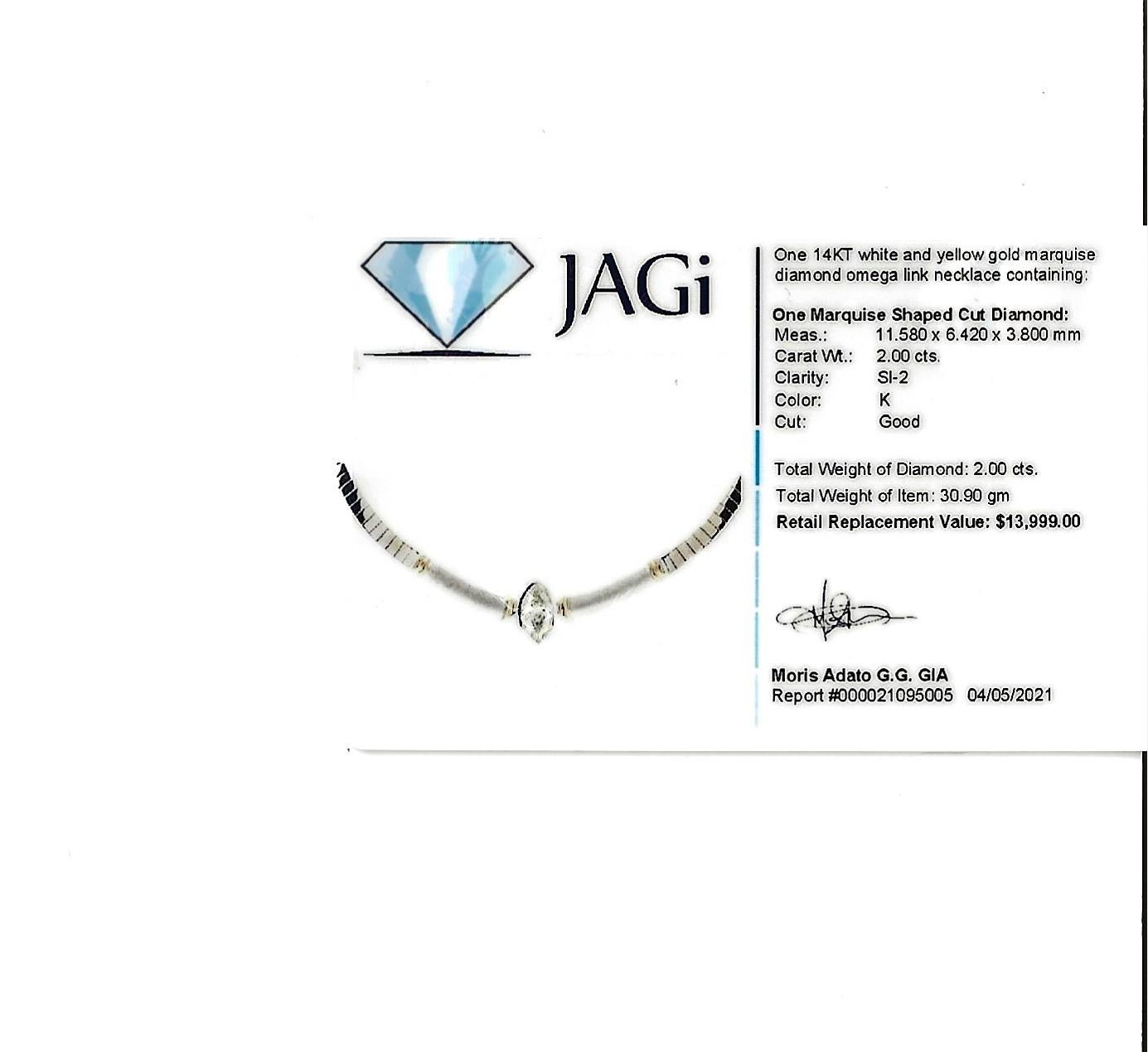 2.00 Carat Marquis Diamond Collar Omega Link Necklace Two-Tone 14 Karat Gold For Sale 3