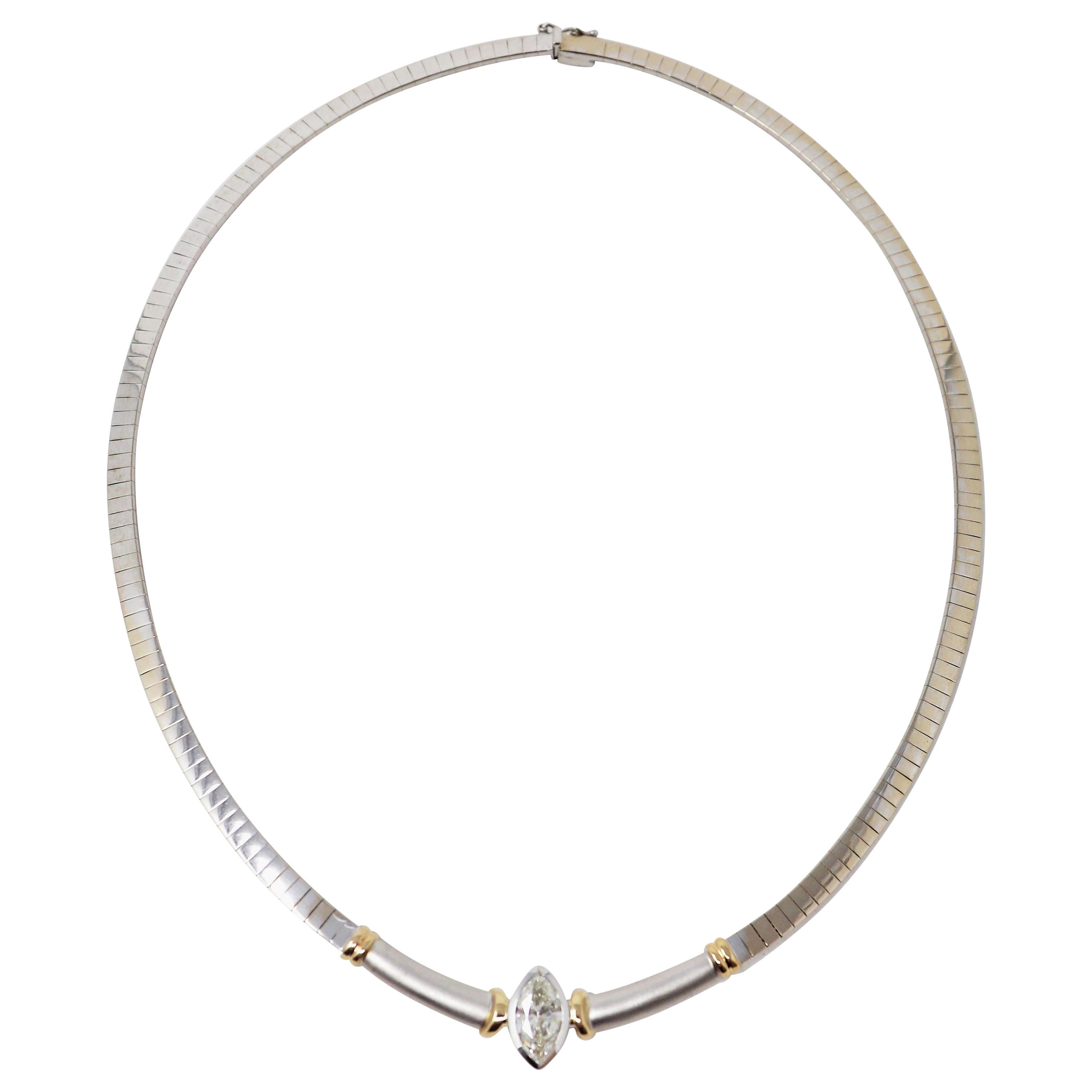 2.00 Carat Marquis Diamond Collar Omega Link Necklace Two-Tone 14 Karat Gold For Sale