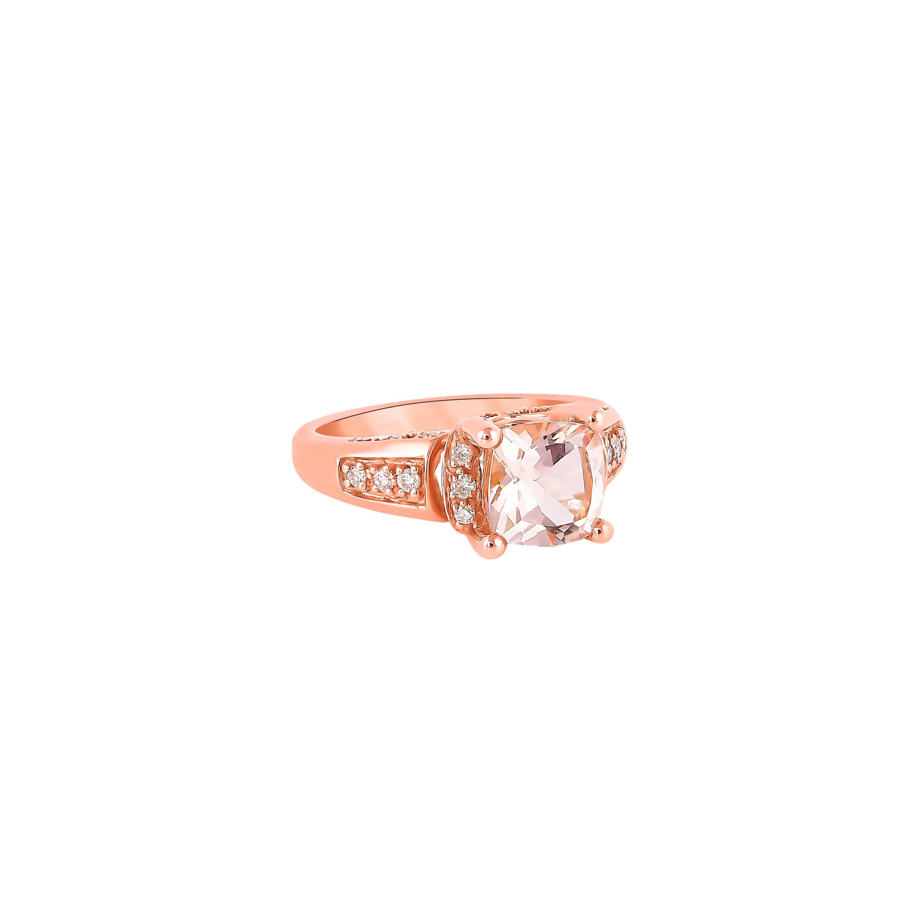 This collection features an array of magnificent morganites! Accented with Diamonds these rings are made in rose gold and present a classic yet elegant look. 

Classic morganite ring in 18K Rose gold with Diamond. 

Morganite: 2.00 carat, 8X8mm